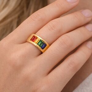 NWOT Size 9 Titanium band with rainbow flag stones